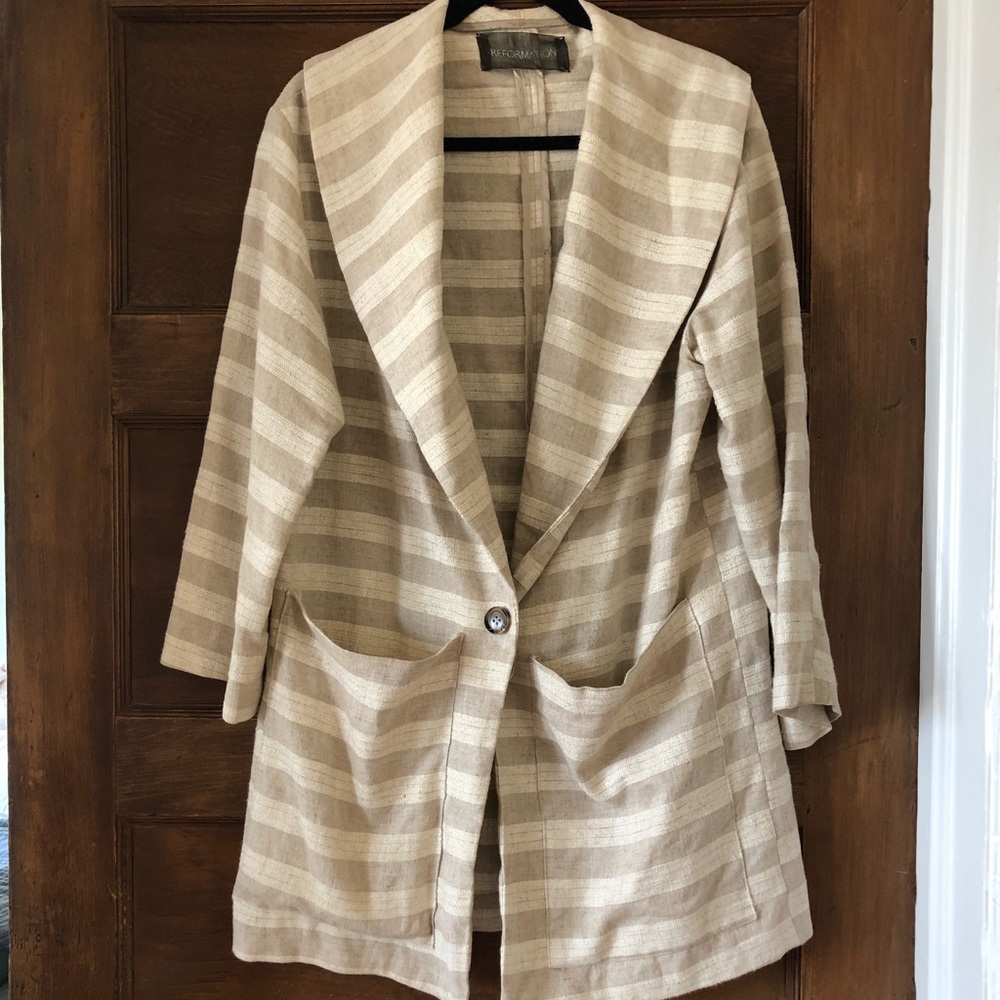 Reformation striped beige linen coat jacket sz S